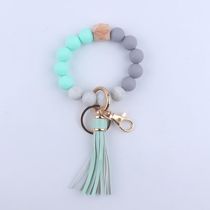 PU Leather Tassel Silicone Bead Wristlet Keychain Leopard Print 12