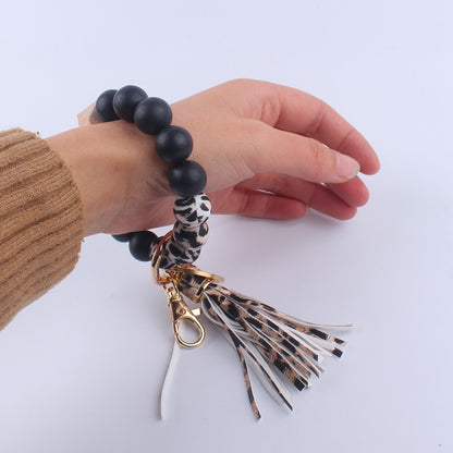PU Leather Tassel Silicone Bead Wristlet Keychain Leopard Print 3