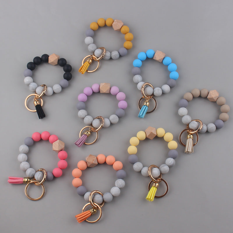 Leather PU Tassel Silicone Bead Wristlet Keychain Small Size