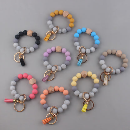 Leather PU Tassel Silicone Bead Wristlet Keychain Small Size