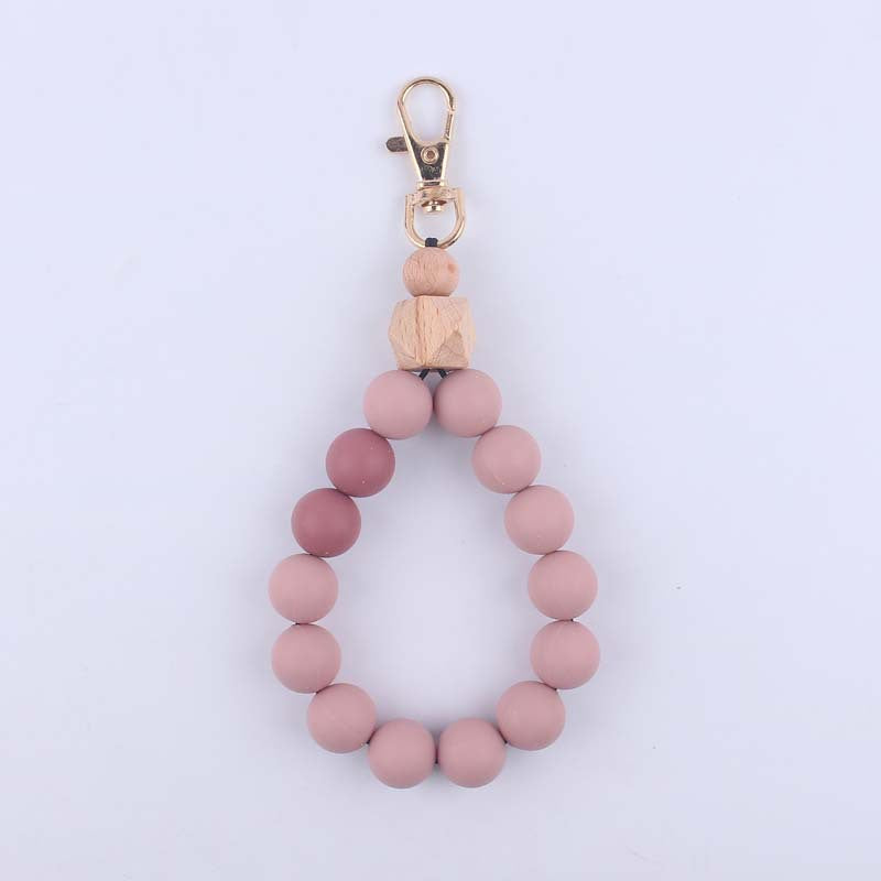 Wood Hexagon Silicone Bead Wristlet Keychain with Wooden Accent 10