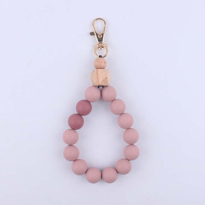 Wood Hexagon Silicone Bead Wristlet Keychain with Wooden Accent 10