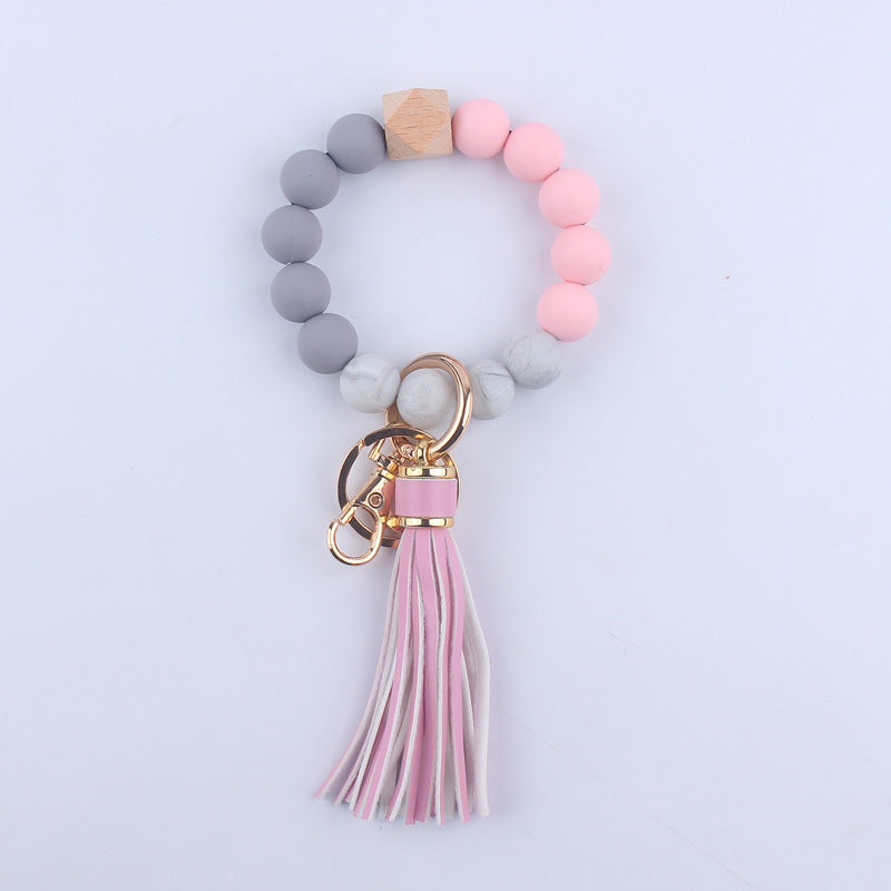 PU Leather Tassel Silicone Bead Wristlet Keychain Leopard Print 9