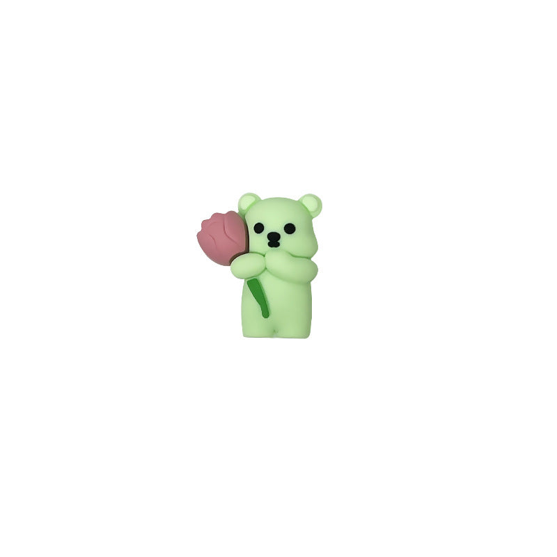 20Pcs Silicone 3D Focal Beads Colored Teddy Bear Holding Flower 11