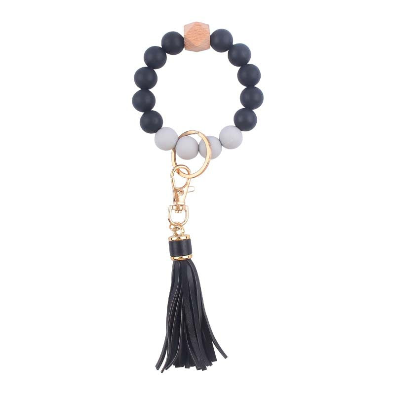 PU Tassel Silicone Bead Wristlet Keychain with Wooden Bead 18
