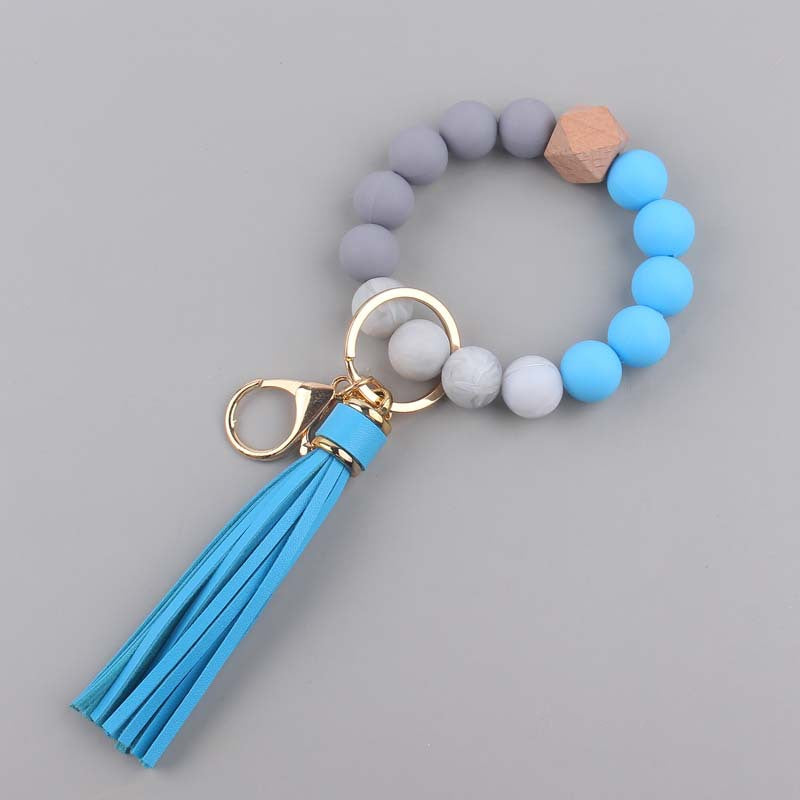Leather PU Tassel Silicone Bead Wristlet Keychain 15