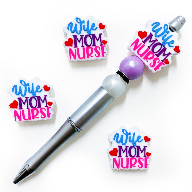 20pcs Silicone Focal Beads Nurse Mom Text with Heart Detail 4