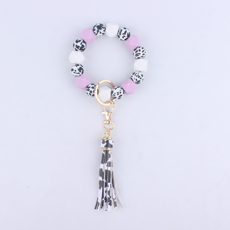 Leopard Print Silicone Bead Wristlet Keychain Tassel Charm 9