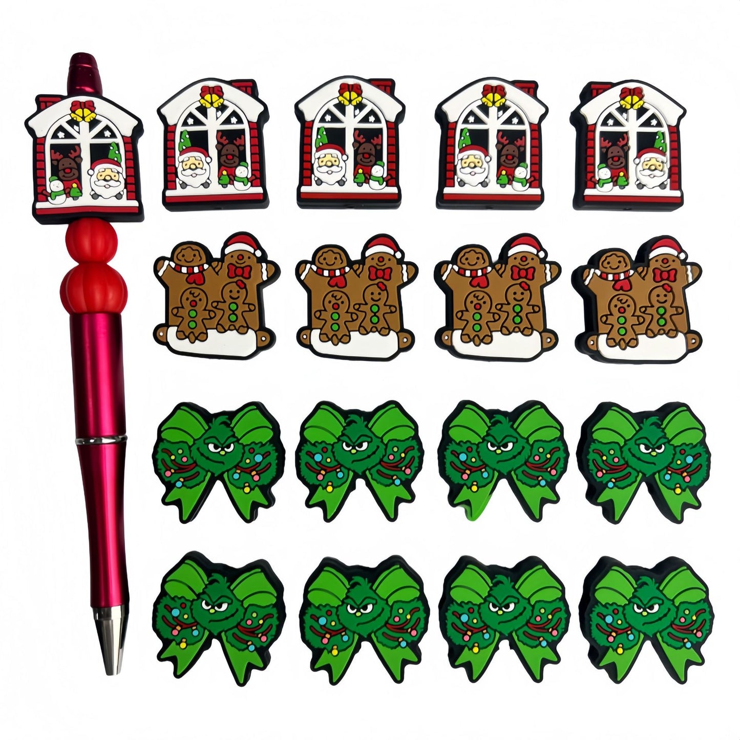 20Pcs Silicone Focal Beads Christmas Gingerbread Man Green Bow House