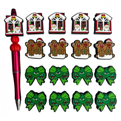 20Pcs Silicone Focal Beads Christmas Gingerbread Man Green Bow House