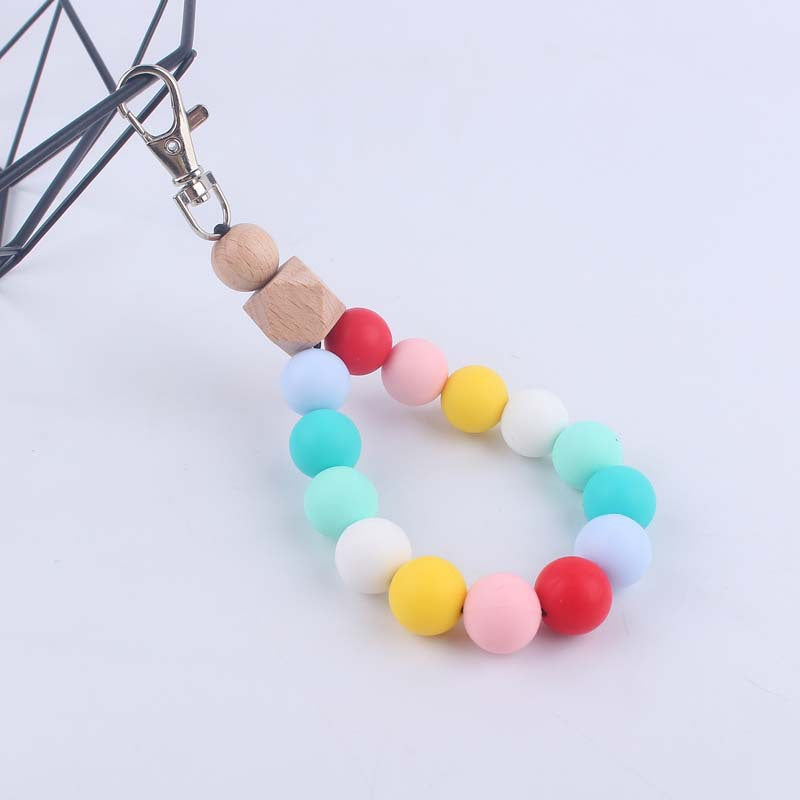 Contrast Wood Octagonal Silicone Bead Wristlet Keychain 10