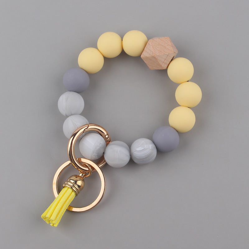 Leather PU Tassel Silicone Bead Wristlet Keychain Small Size 9
