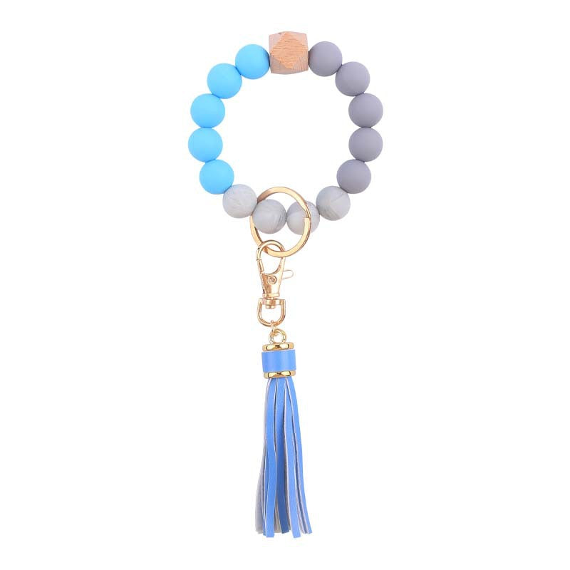 PU Tassel Silicone Bead Wristlet Keychain with Wooden Bead 13