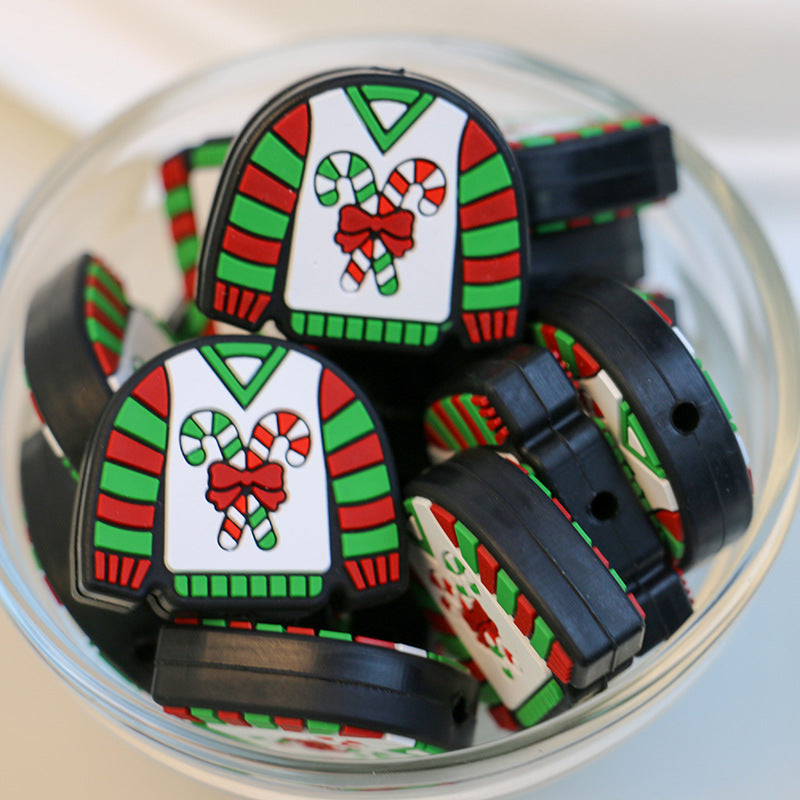 20pcs Silicone Focal Beads Sweater Christmas Candy Cane Print 2