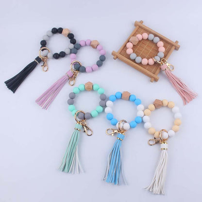 Leather Tassel Octagonal Silicone Bead Wristlet Keychain