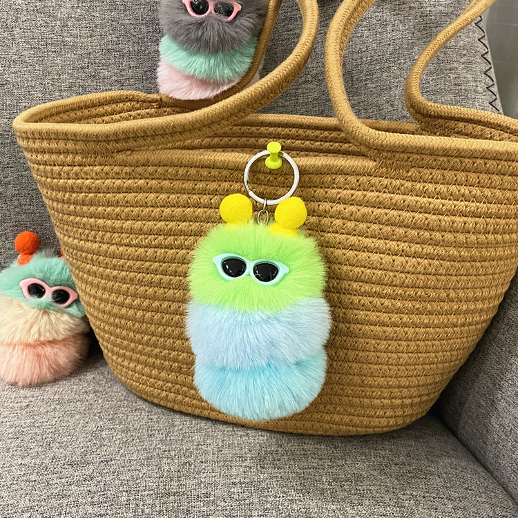 Caterpillar Pom Pom Plush Keychain Cute Furry Charm Accessory 10