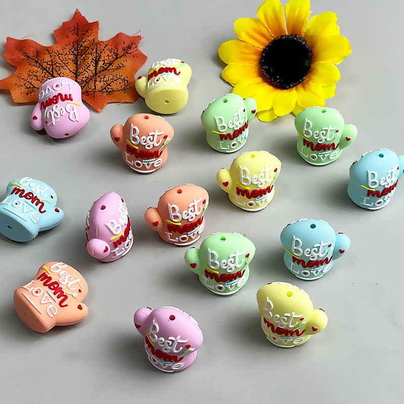 20Pcs Silicone 3D Focal Beads Mother Day Gloves Best Mom Love Print 2