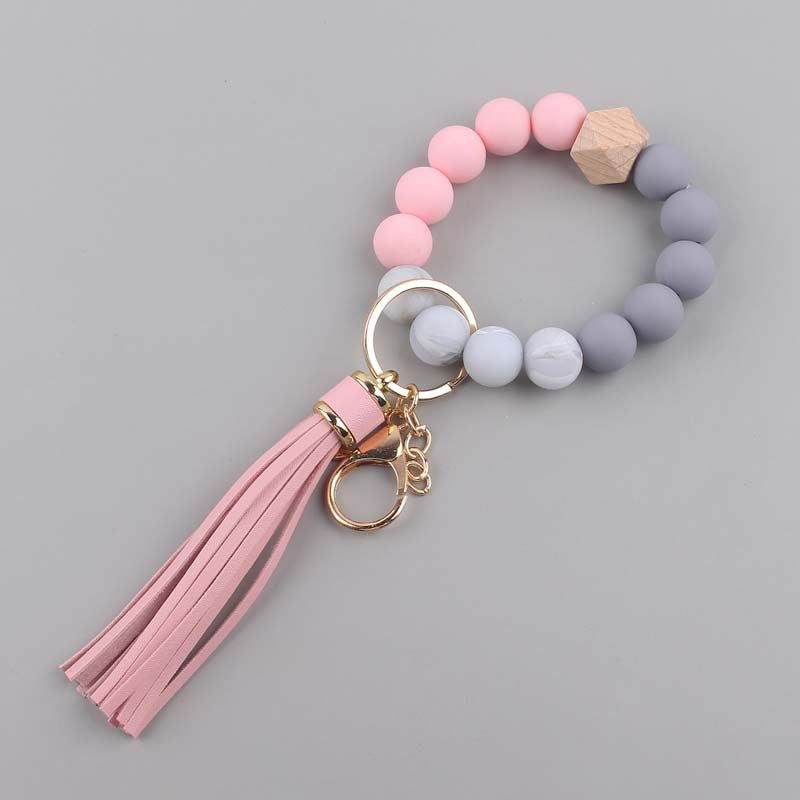 Leather PU Tassel Silicone Bead Wristlet Keychain 6