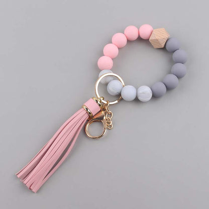 Leather PU Tassel Silicone Bead Wristlet Keychain 6