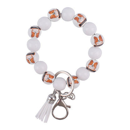 Wooden Dog Tassel Silicone Bead Wristlet Keychain with Charm 6