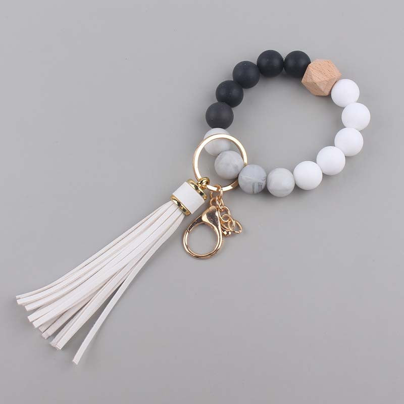 Leather PU Tassel Silicone Bead Wristlet Keychain 10