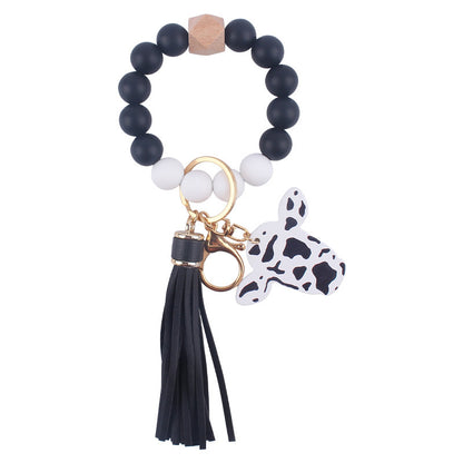 Western Cow Silicone Bead Wristlet Keychain PU Leather Tassel 12