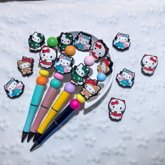 20Pcs Silicone Focal Beads White Cat Round Face Wearing Bow