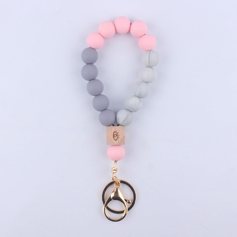 Octagonal Silicone Bead Wristlet Keychain with Wooden Accent 10