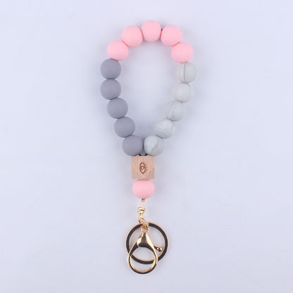 Octagonal Silicone Bead Wristlet Keychain with Wooden Accent 10