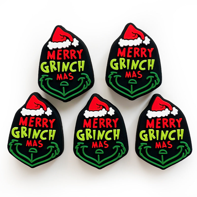 20Pcs Silicone Focal Beads Green Furry Character Scowling Face Wearing Santa Hat 3