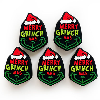 20Pcs Silicone Focal Beads Green Furry Character Scowling Face Wearing Santa Hat 3