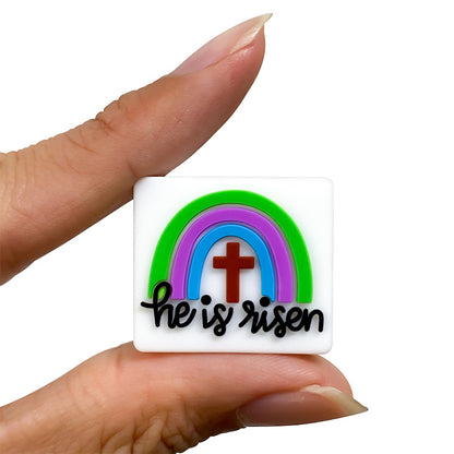 20Pcs Silicone Focal Beads Rainbow Cross With Text He Is Risen 4