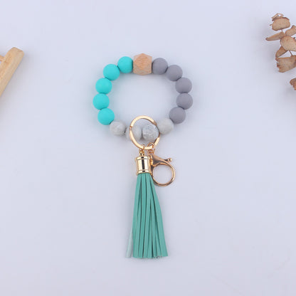 Leopard Print Silicone Bead Wristlet Keychain PU Tassel Charm 13