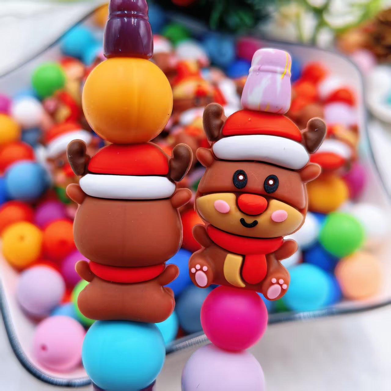 20Pcs Silicone 3D Focal Beads Christmas Deer Doll Sitting Pose 4