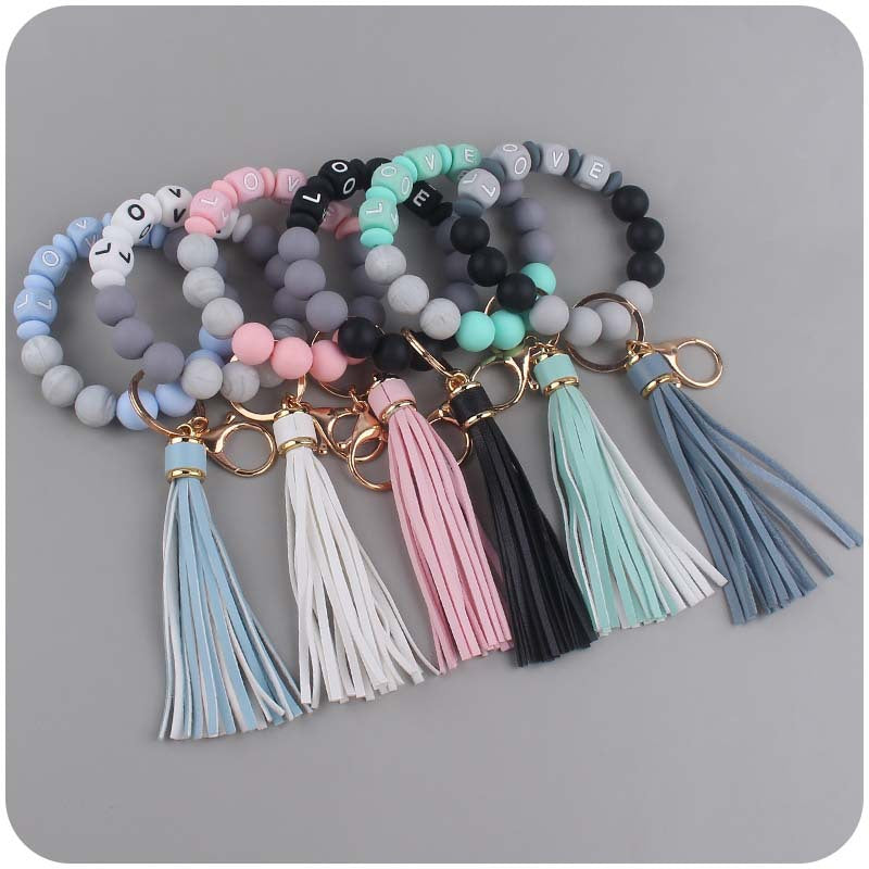 Letter LOVE Silicone Bead Wristlet Keychain PU Leather Tassel 4