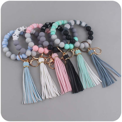 Letter LOVE Silicone Bead Wristlet Keychain PU Leather Tassel 4