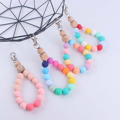 Contrast Wood Octagonal Silicone Bead Wristlet Keychain 2