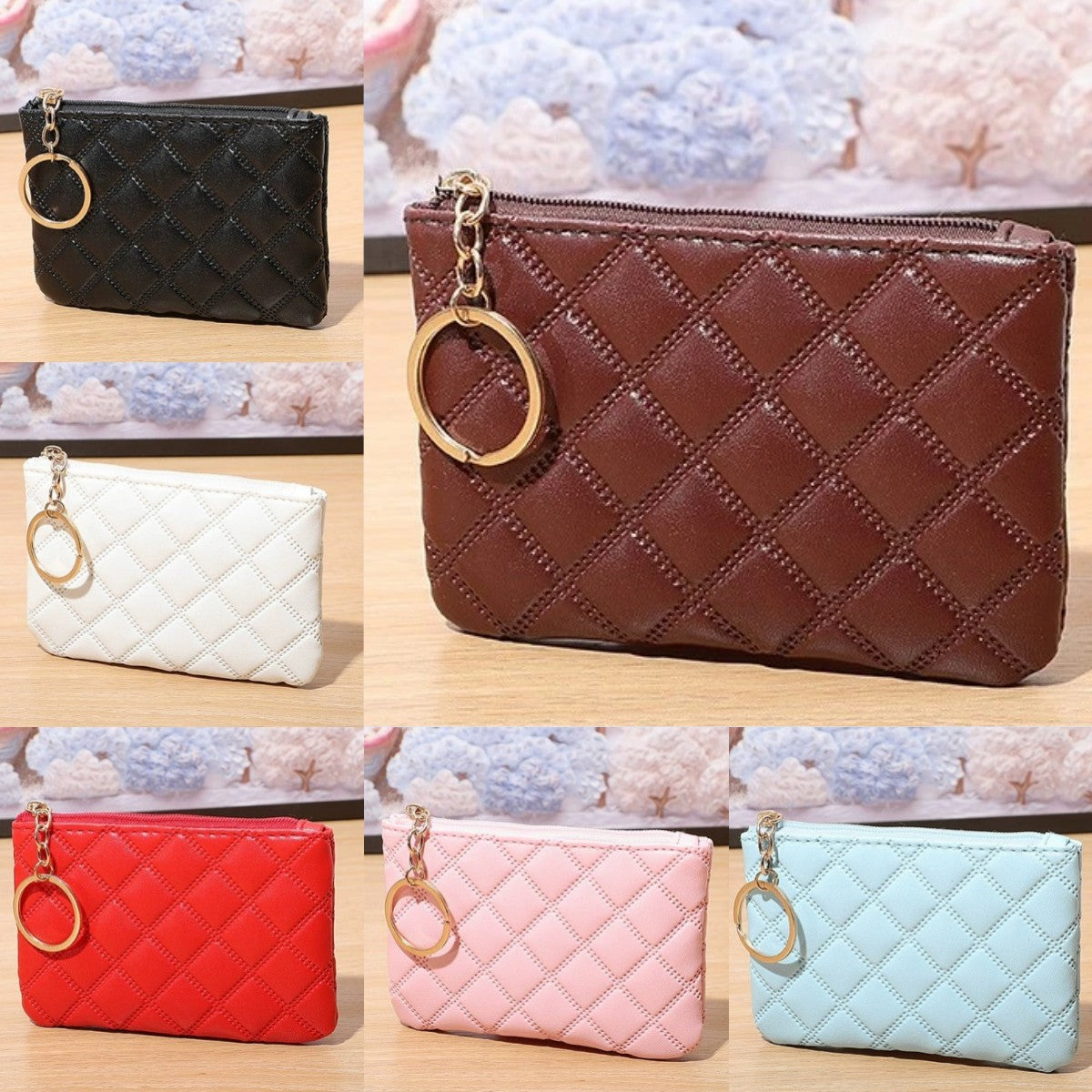Plaid PU Leather Keychain Wallet Compact Zipper Design