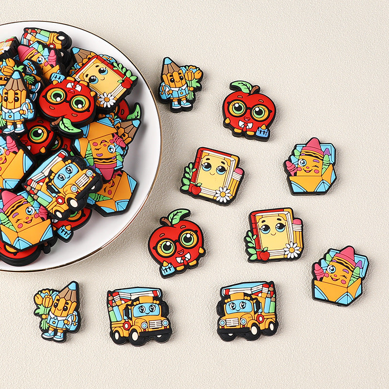 20Pcs Silicone Focal Beads Cartoon Pencil Apple With Glasses Detail