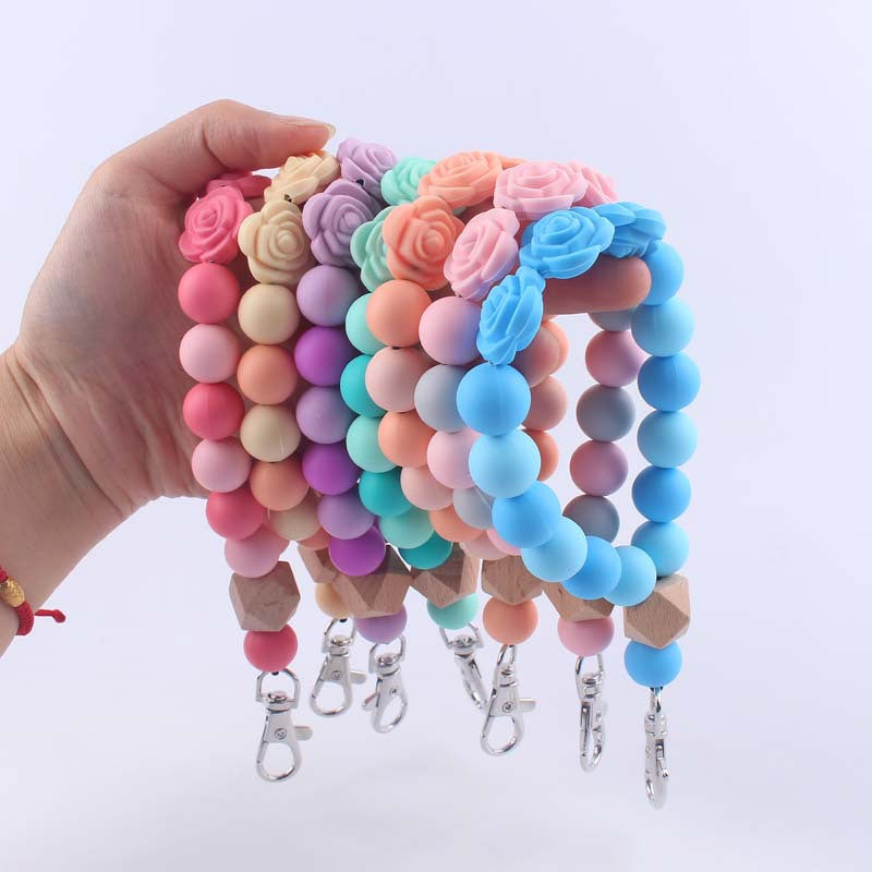 Rose Silicone Bead Wristlet Keychain with Wooden Accent Bead 2