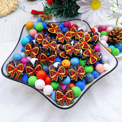 20Pcs Silicone Focal Beads Christmas Deer Bow Design 3