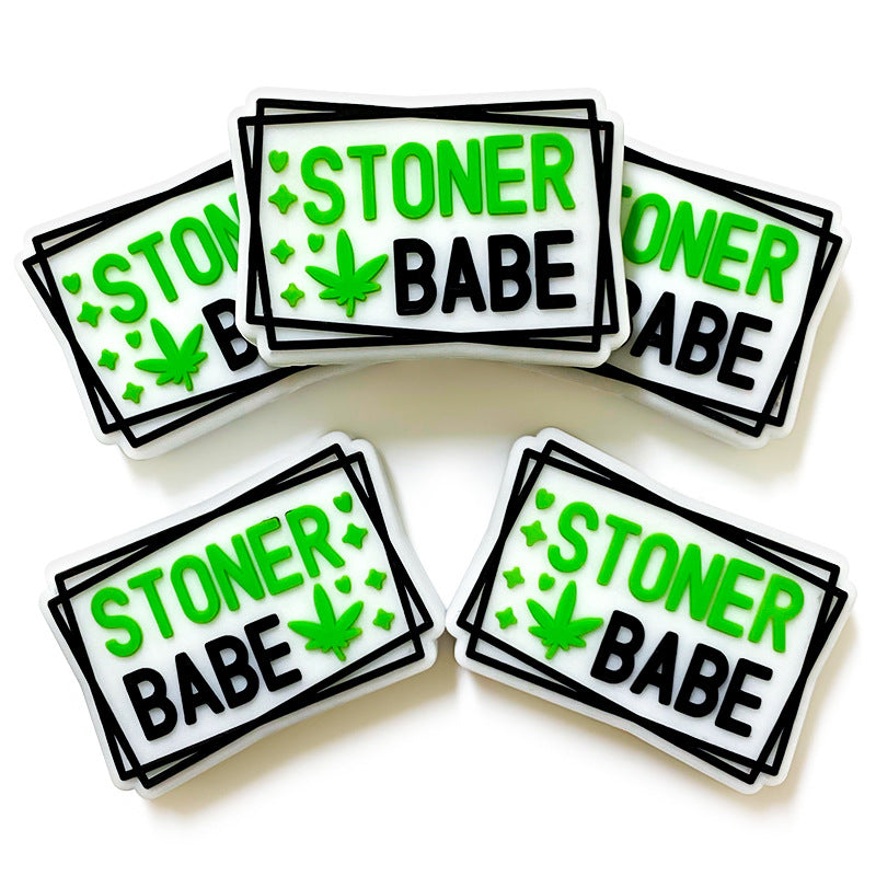 20Pcs Silicone Focal Beads Stoner Babe Green Maple Leaves Text Detail