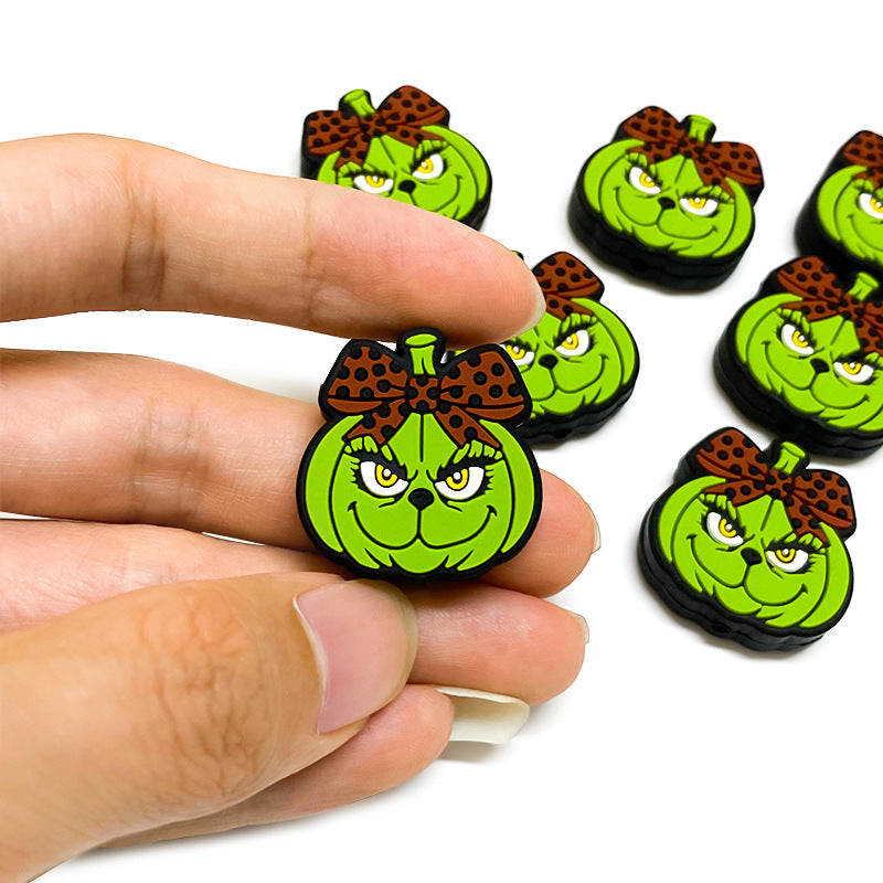 20Pcs Silicone Focal Beads Green Pumpkin Wearing Bow 5