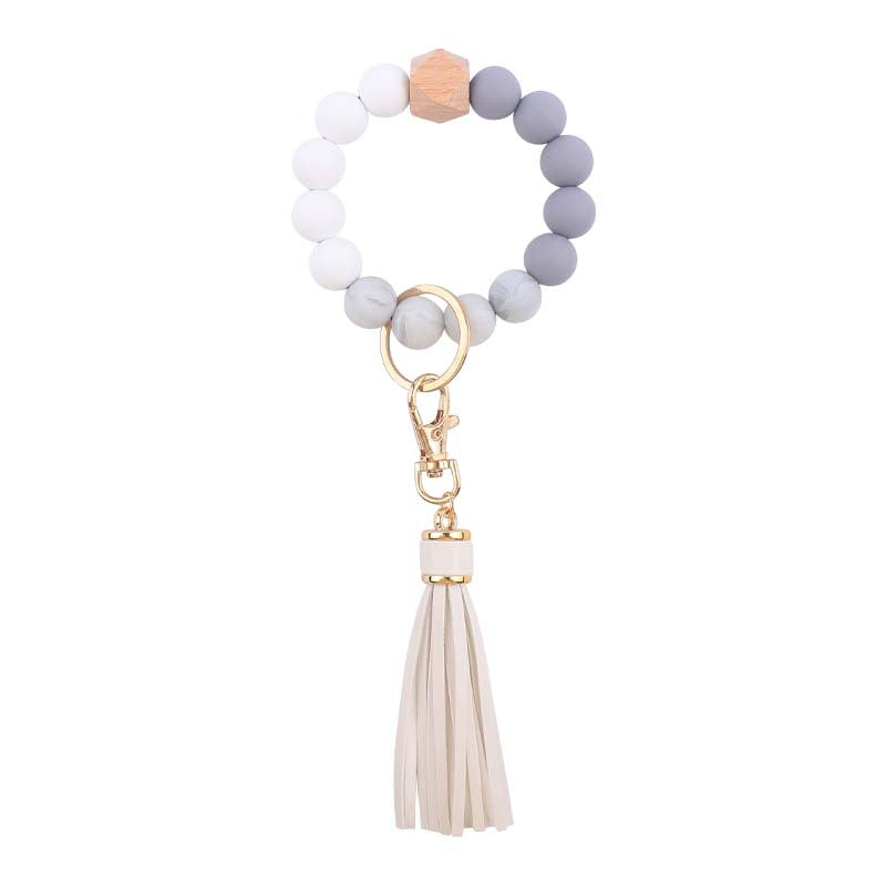 PU Tassel Silicone Bead Wristlet Keychain with Wooden Bead 15