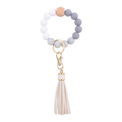 PU Tassel Silicone Bead Wristlet Keychain with Wooden Bead 15