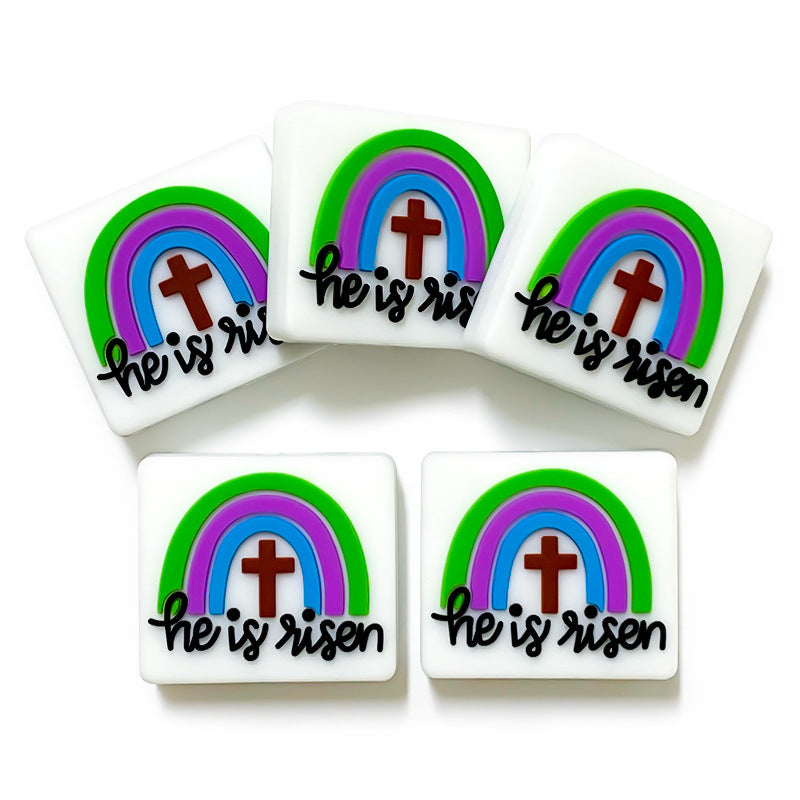 20Pcs Silicone Focal Beads Rainbow Cross With Text He Is Risen
