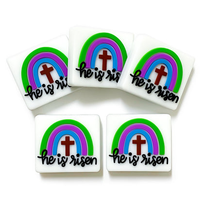 20Pcs Silicone Focal Beads Rainbow Cross With Text He Is Risen
