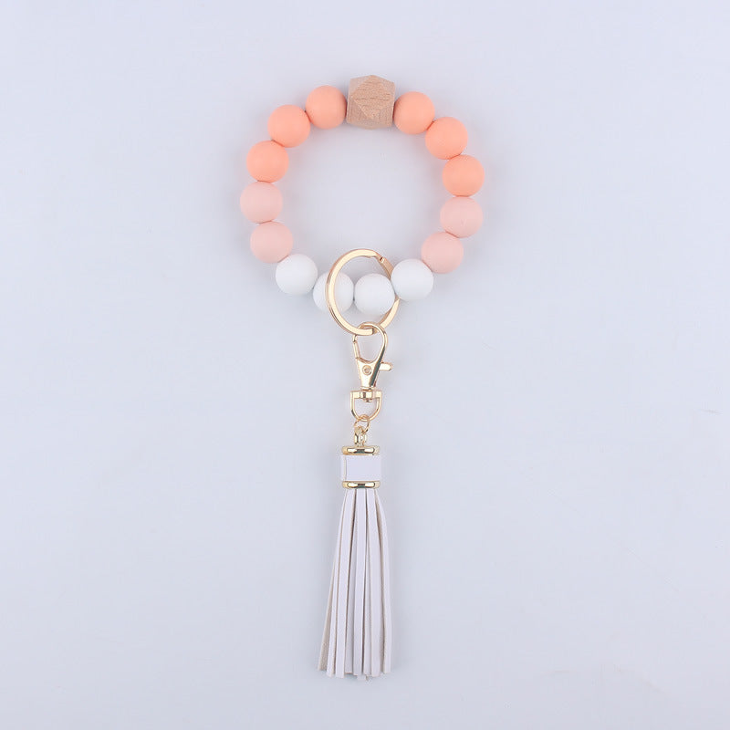 Tassel Silicone Bead Wristlet Keychain with Wooden Bead Charm 8cm 6