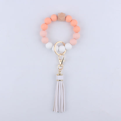 Tassel Silicone Bead Wristlet Keychain with Wooden Bead Charm 8cm 6