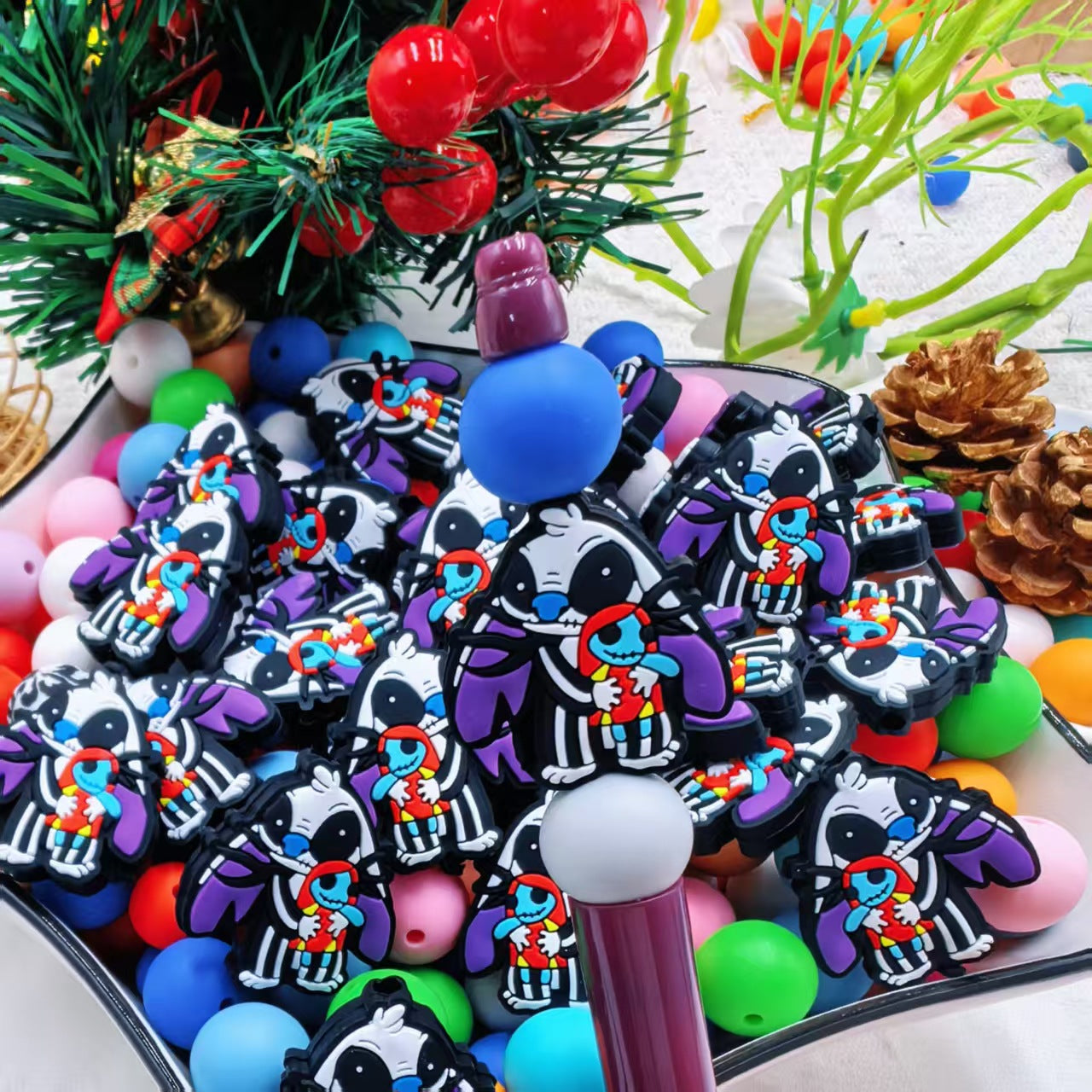20Pcs Silicone Focal Beads Purple Stitch Zebra Pattern Design 4